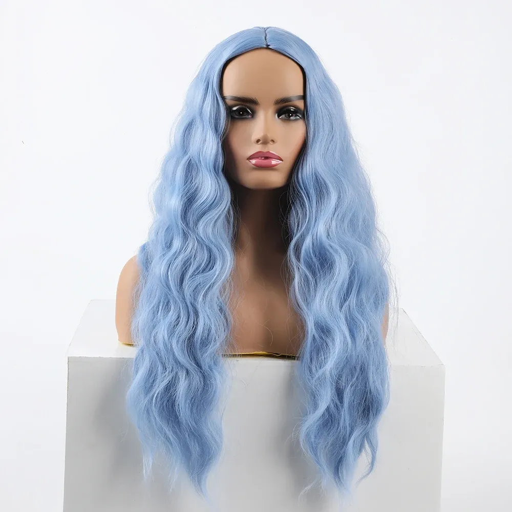 Peruklar qqxcaiw 26 inç açık mavi renk uzun su dalgası peruk orta parça ısıya dayanıklı sentetik peruklar kadınlar için cosplay lif