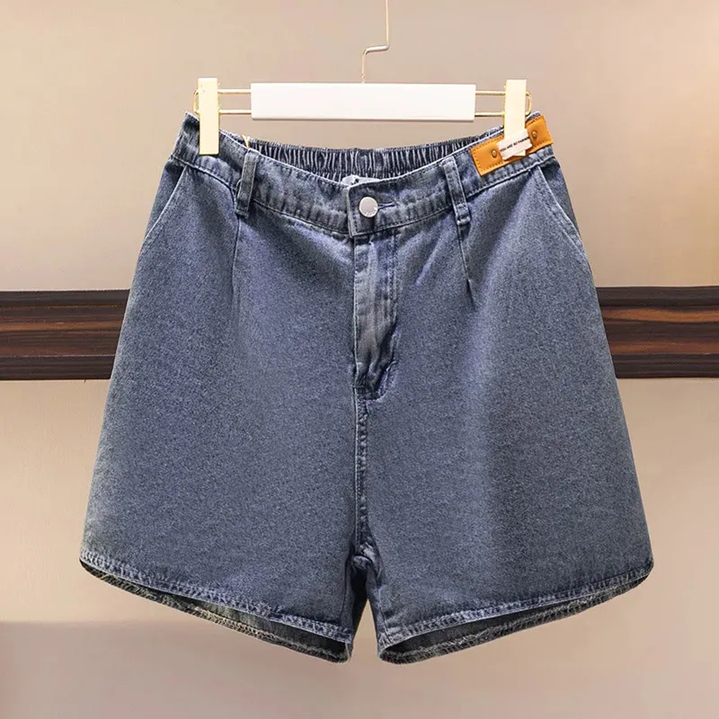 150kg plus size mulheres cintura elástica denim shorts verão hip 152 solto wideleg fenda calças azul 5xl 6xl 7xl 8xl 9xl 240322