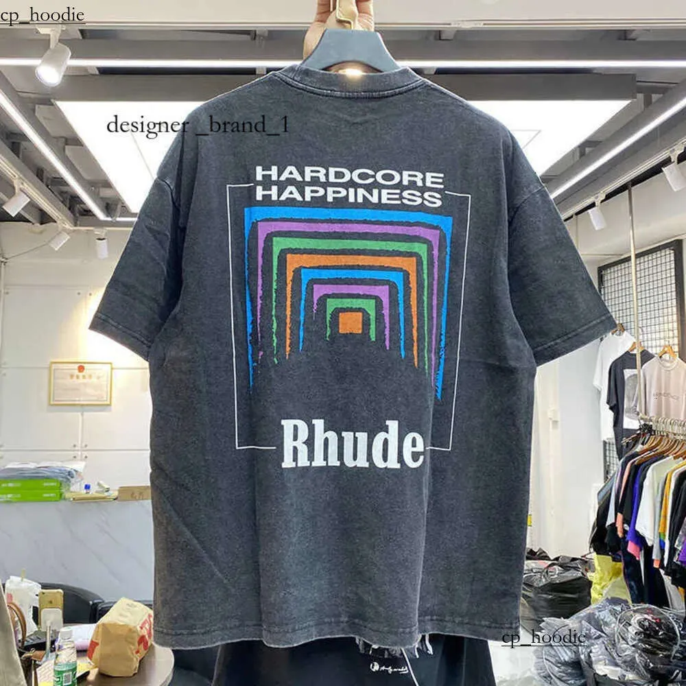 Camisetas para hombres Hombres Mujeres Vintage Tela pesada RHUDE BOX PERSPECTIVA Tee Tops ligeramente sueltos Logo multicolor Bonito lavado 7490