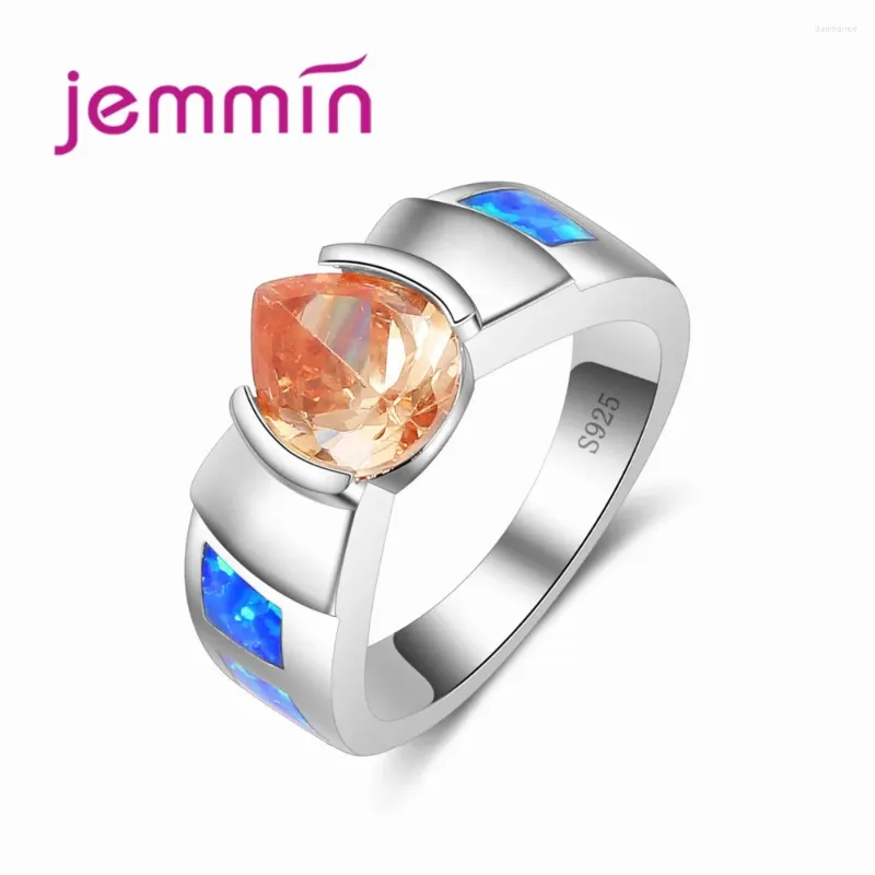 Cluster Rings Brand Orange Water Drop Crystal Ring Blue Fire Opal 925 Sterling Silver Women Lady Girls Dress Accessories