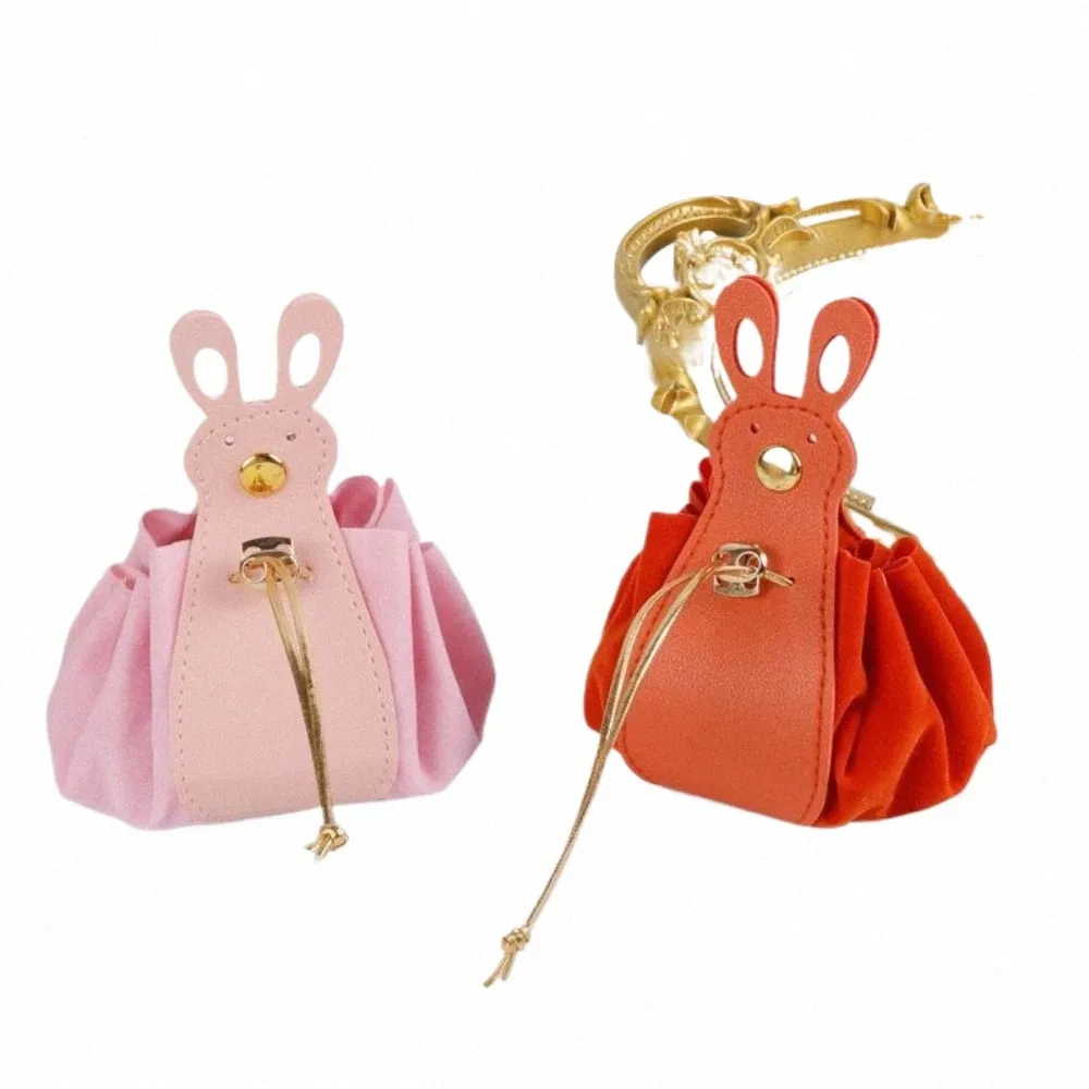 large Capacity Veet Drawstring Bag Korean Style PU Leather Carto Rabbit Ear Handbag New Year Coin Purse Wallet 364e#