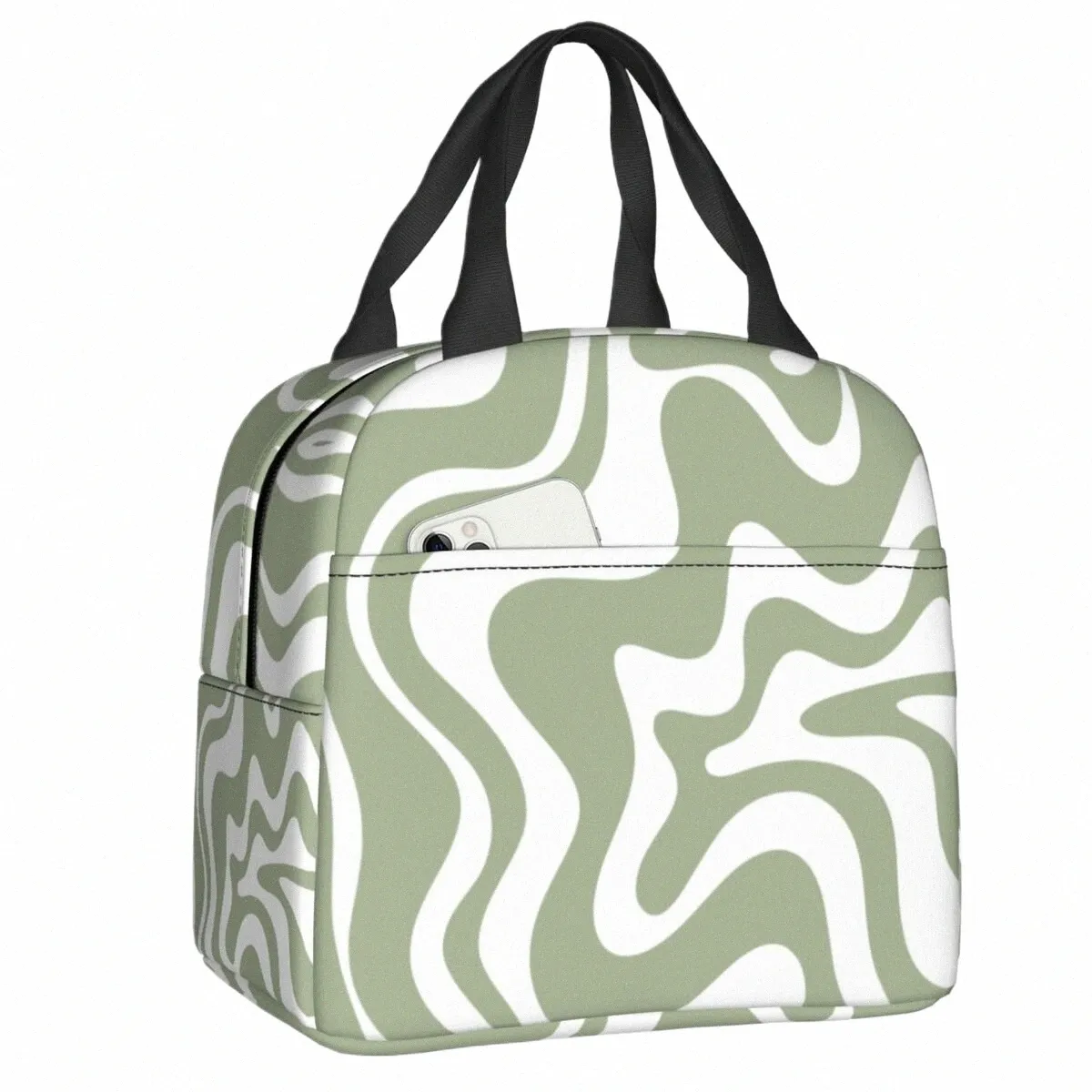 Liquid Swirl Abstrakt mönster i Sage Green Isolated Lunch Bag Geometric Art Cooler Thermal Bento Box For Women Kids Food PALLS T7OV#