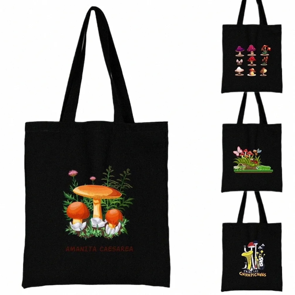 Женская сумка Сумки на плечо большой емкости Повседневная сумка-шопер Canvas Fi Harajuku с принтом грибов Многоразовые складные сумки-тоут J2Oc #