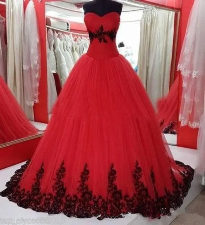 Robe de bal robes de mariée gothiques noires et rouges chérie dentelle appliques années 1960 robes de mariée colorées avec couleur non blanc Laceup 6933658