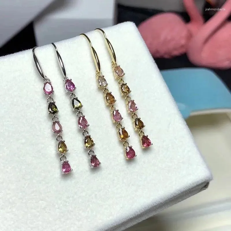 Dangle Earrings Natural Tourmaline 925 Silver Two-Color電気めっきプロセス女性パーティーウェディングジュエリー