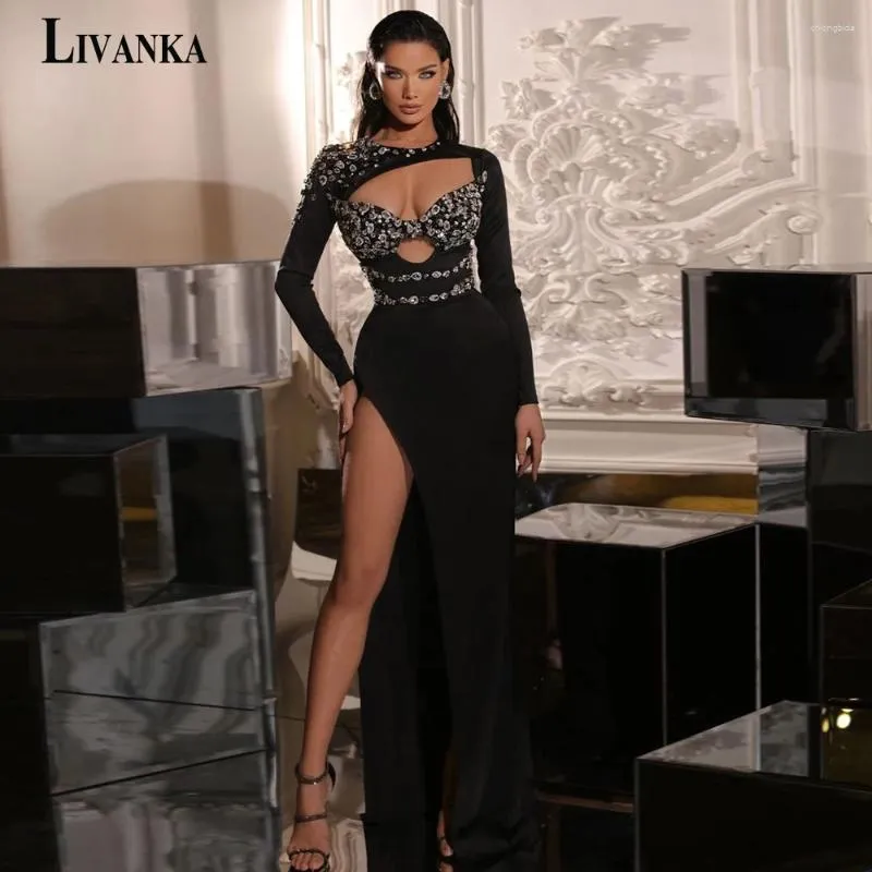 Runway Dresses LIVANKA Sexy O-Neck Prom For Woman 2024 Long Sleeves Beads Slit Cut-out Evening Gowns Vestido De Fiesta Made To Order