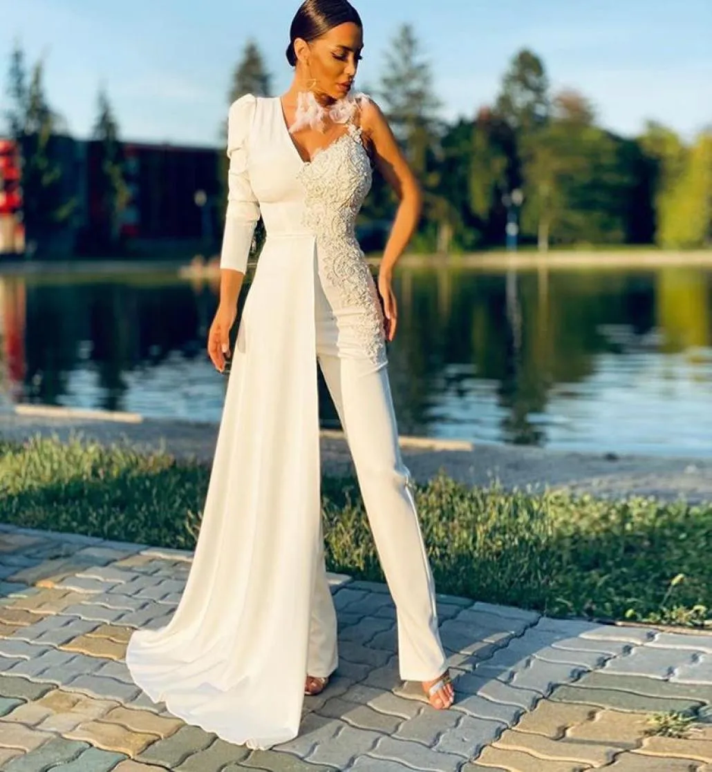 Aangepaste jumpsuits Avondjurken V-hals Lange mouwen Applicaties Kant Galajurk Bruidsjurken met broekpakken Vestidos De Novia3280766