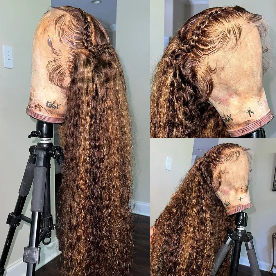 30 pouces Highlight Ombre 13x4 Curly Human Hair Lace Lace Frontal Wig Brésilien Remy Honey Blonde Deep Wave T Part Front Perrette pour les femmes