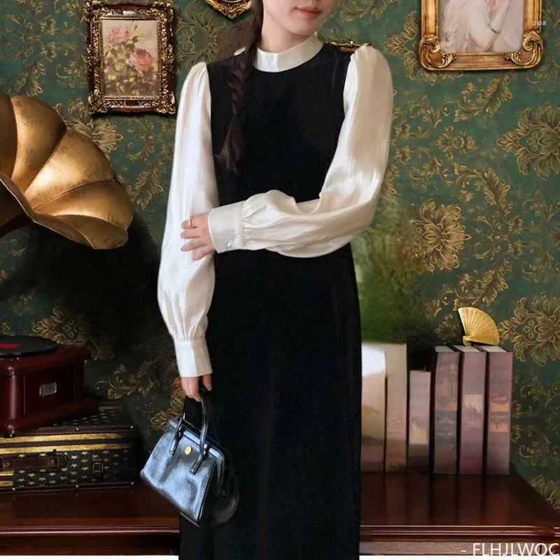 Casual Dresses Korean Chic Long Dress 2024 Spring Elegant Office Lady Bow Tie Temperament Patchwork Black Retro Vintage Women