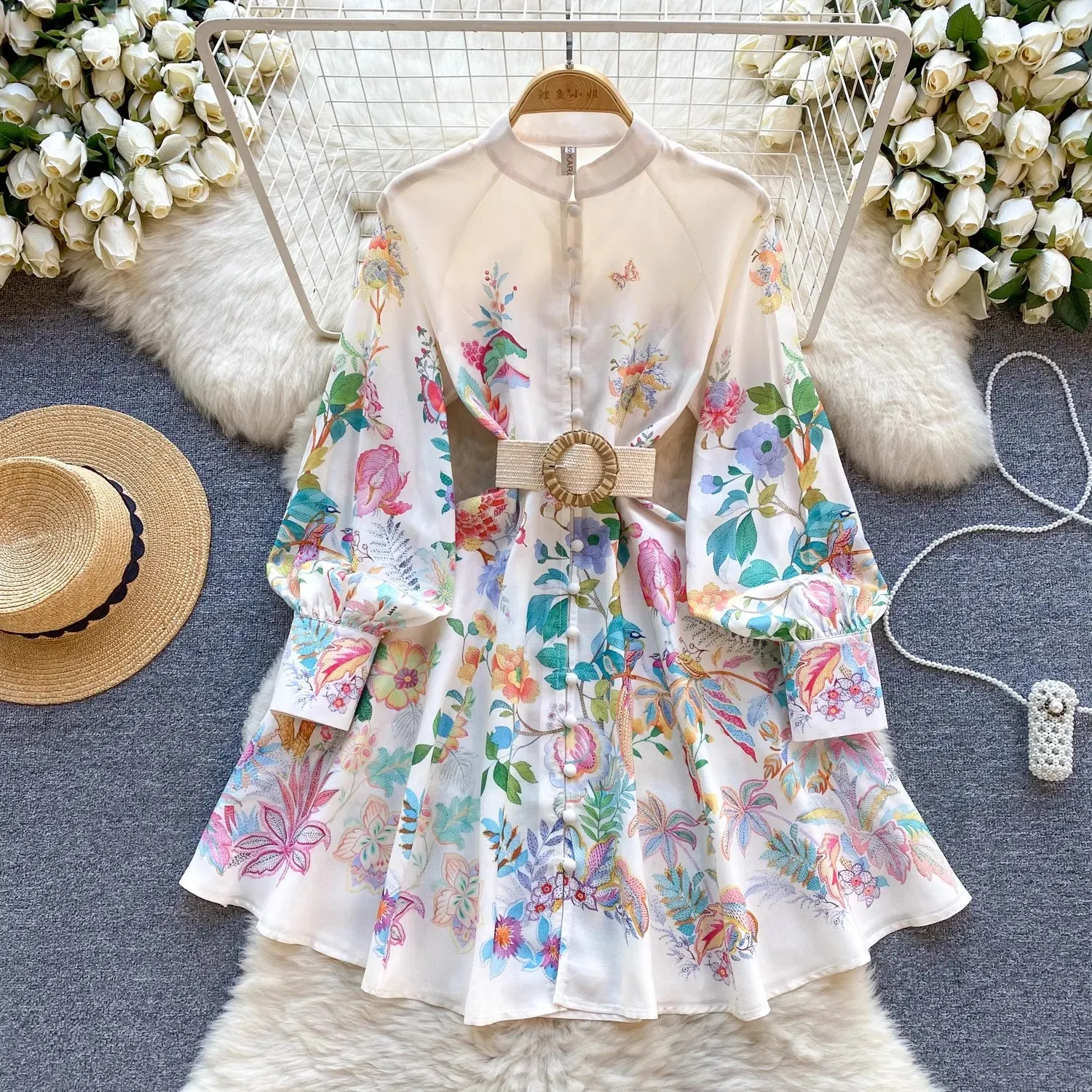 Basic Casual Dresses 2024 Holiday Gorgeous Flower Party Dress Women's Stand Long Sleeve Single Breasted Floral Print Belt Linen Mini Vestidos