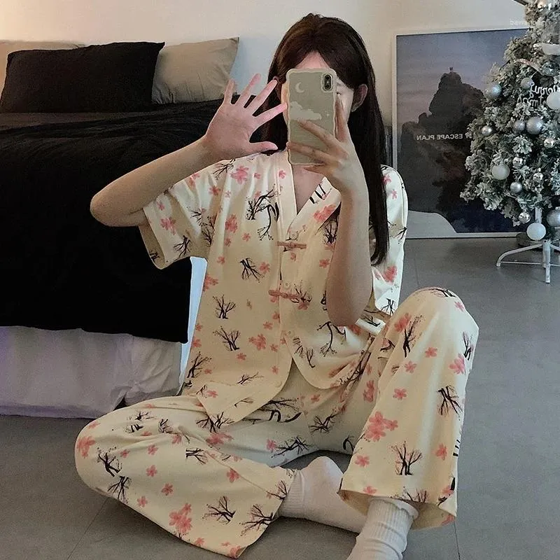 Hemkläder Kort ärm Långa byxor Bomullsutskrift Pyjama Set för kvinnor Kinesisk stil Söt V-ringad sömnkläder Homewear Pijama Mujer Kläder