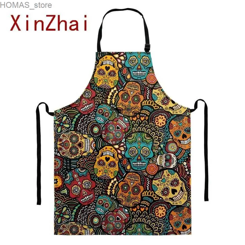 Aprons Cartoon Cooking Apron Kitchen for Woman Men Vintage Sugar Skull Baking Accessories Chef Waiter Cafe Shop BBQ Tablier Delantal Y240401