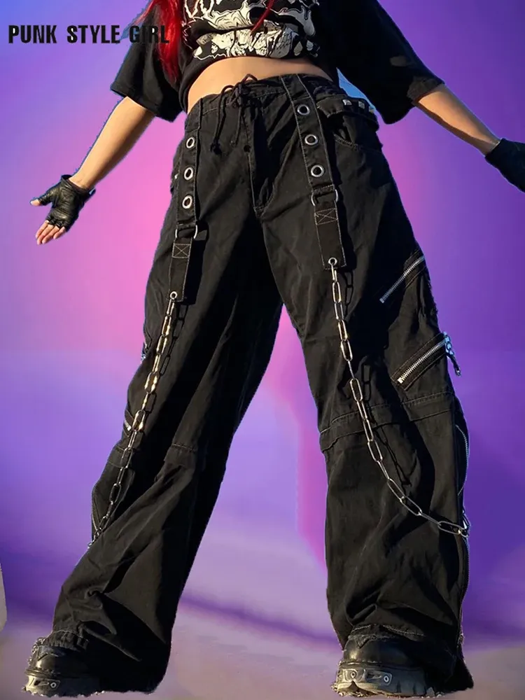 Street Style Hip Hop Cargo Pants With Wide Leg And Try Chain