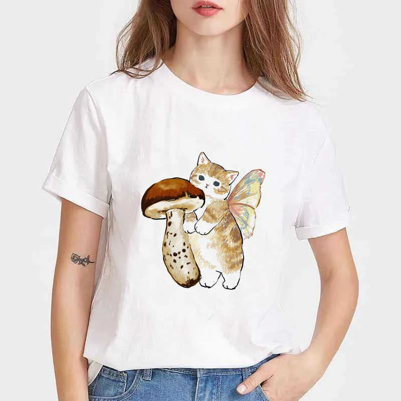 Cat Tshirt Womens Trendy Mushroom Print T-shirt High Street Round Neck Short Sleeved