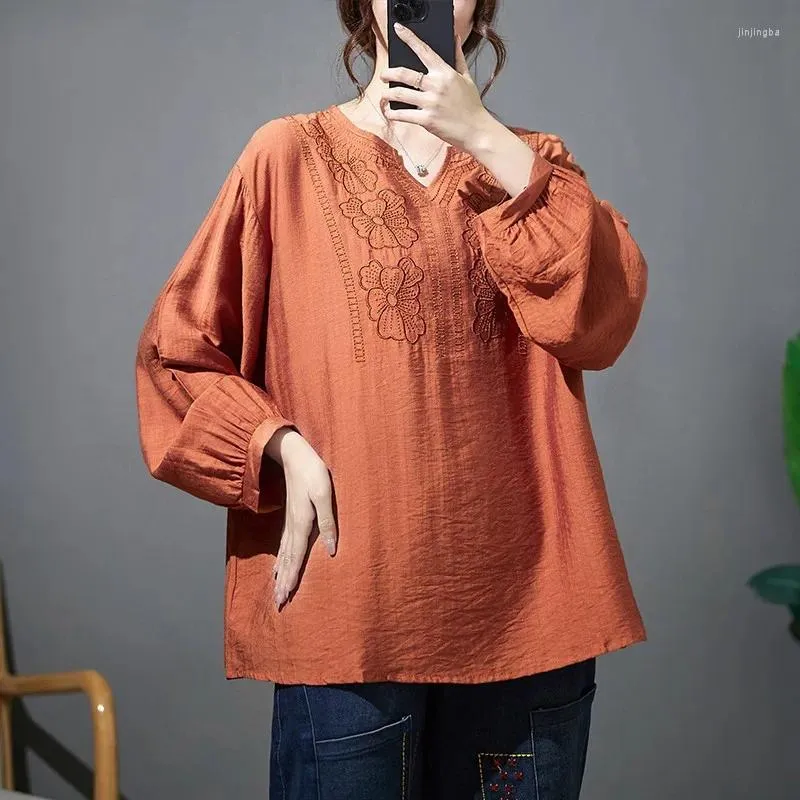 T-shirt da donna 2024 Primavera Autunno Arts Style Donna Manica lunga Allentato scollo a V Tees T-shirt Vintage Ricamo Maglietta casual Femme Top P399