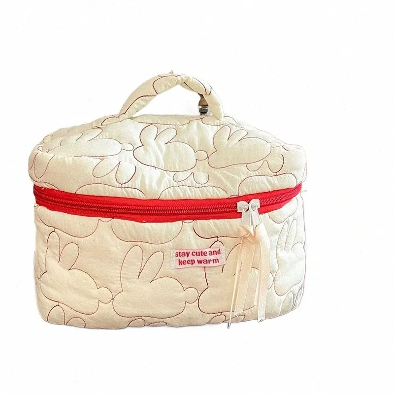 carino donne portatile coniglio trapuntato Cott borsa cosmetica borsa Lady Tote trucco sacchetto dell'organizzatore di viaggio borse di stoccaggio con cerniera C6Lp #