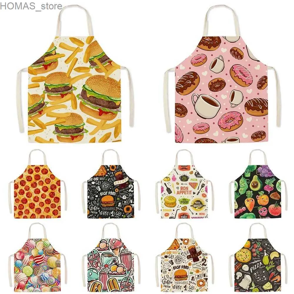 Aprons Cute Food Pattern Kitchen Apron Mens Burger and French Pizza Pattern Childrens Sleeveless Apron Kitchen Apron Womens Delantal Cocina Y240401