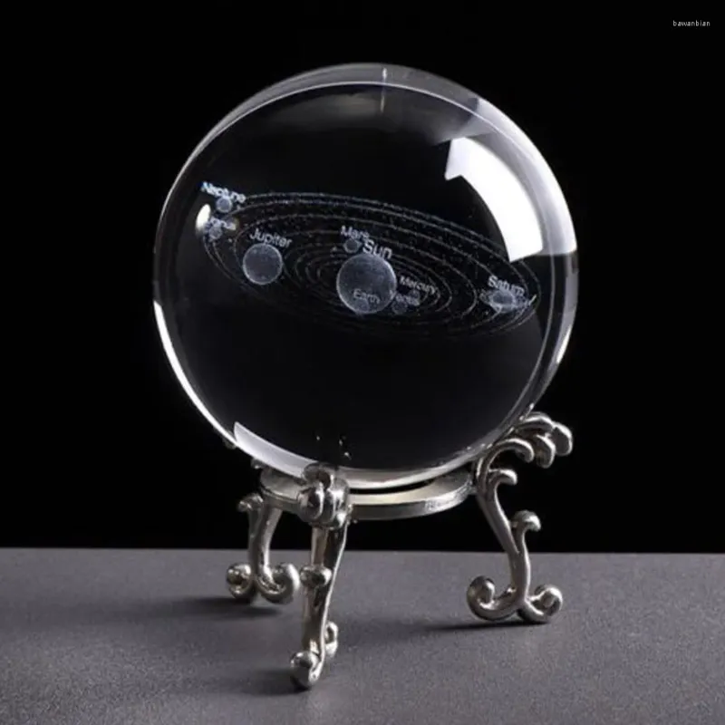 Estatuetas decorativas 6cm planetas de mesa modelo transparente esfera 3D decoração com base em miniatura gravada sistema solar artesanato presente bola de cristal