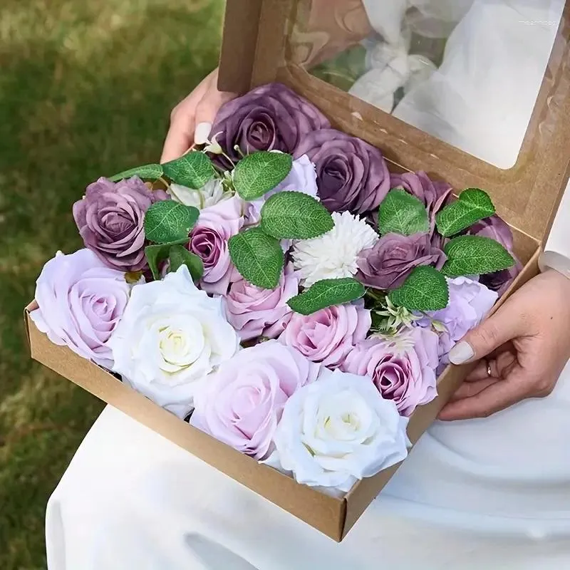 Dekorativa blommor konstgjorda combo box set vintage lila faux blad med stjälkar för mittstycken bordsdekor dly fest