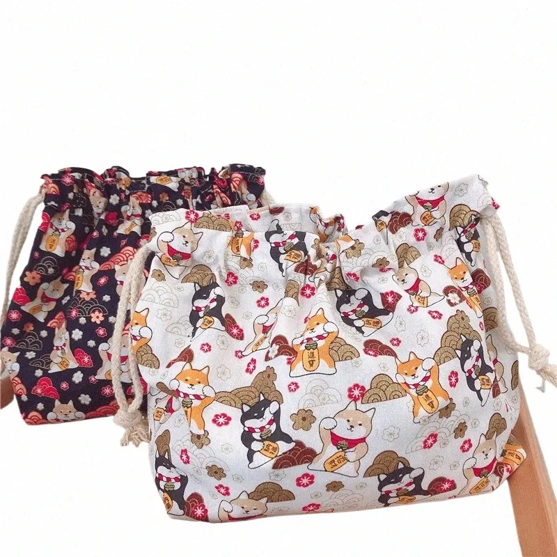 Japansk stil Cott DrawString Bag dubbellager Fördjockad arrangör Pouch Bento Lunch Box Storage Bag For Students Office W7op#