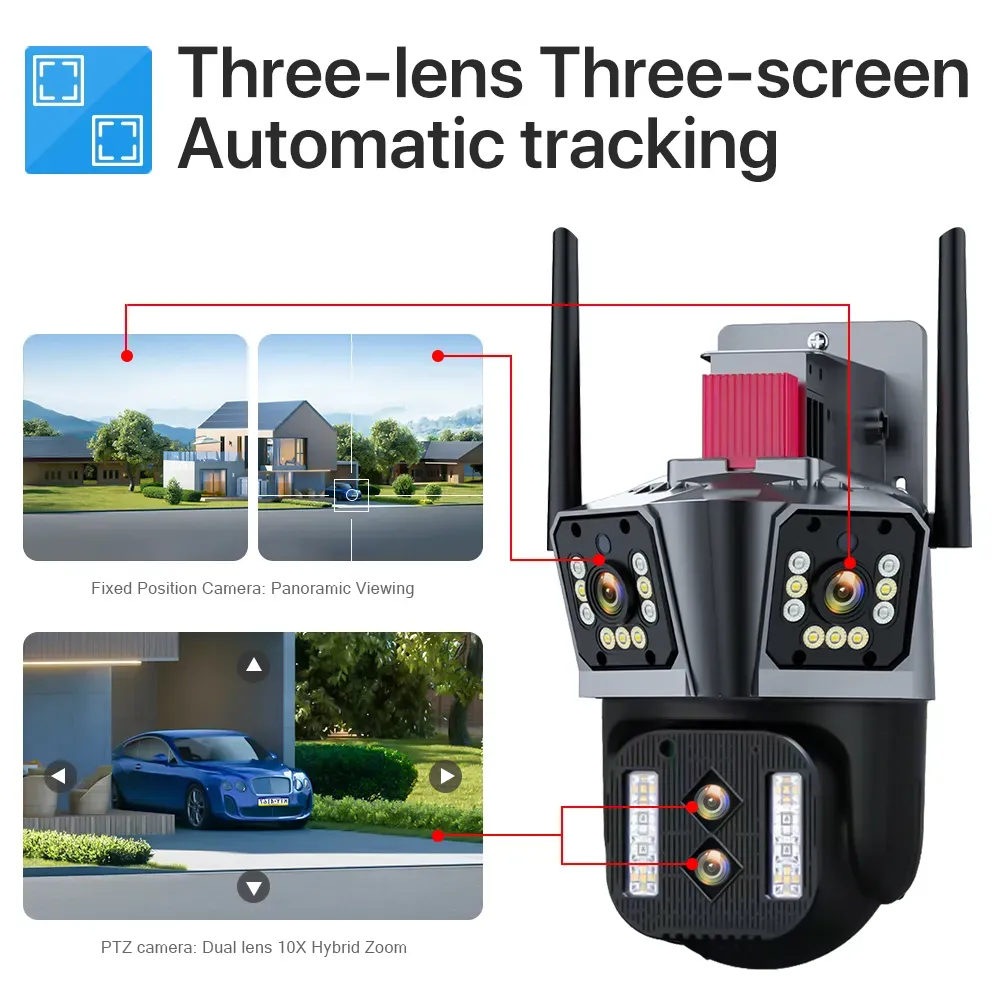 Caméra Surveillance 360° 10X Zoom Optique - 4 Caméras WiFi 1080P