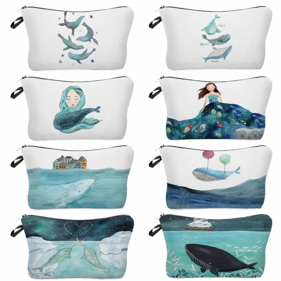 Frais Imprimer Mignon Baleine Mer Série Femmes Sac Grande Capacité Sacs Cosmétiques Designer Organisateur Sac Eco Maquillage Sac Enfant Crayon Cas v666 #