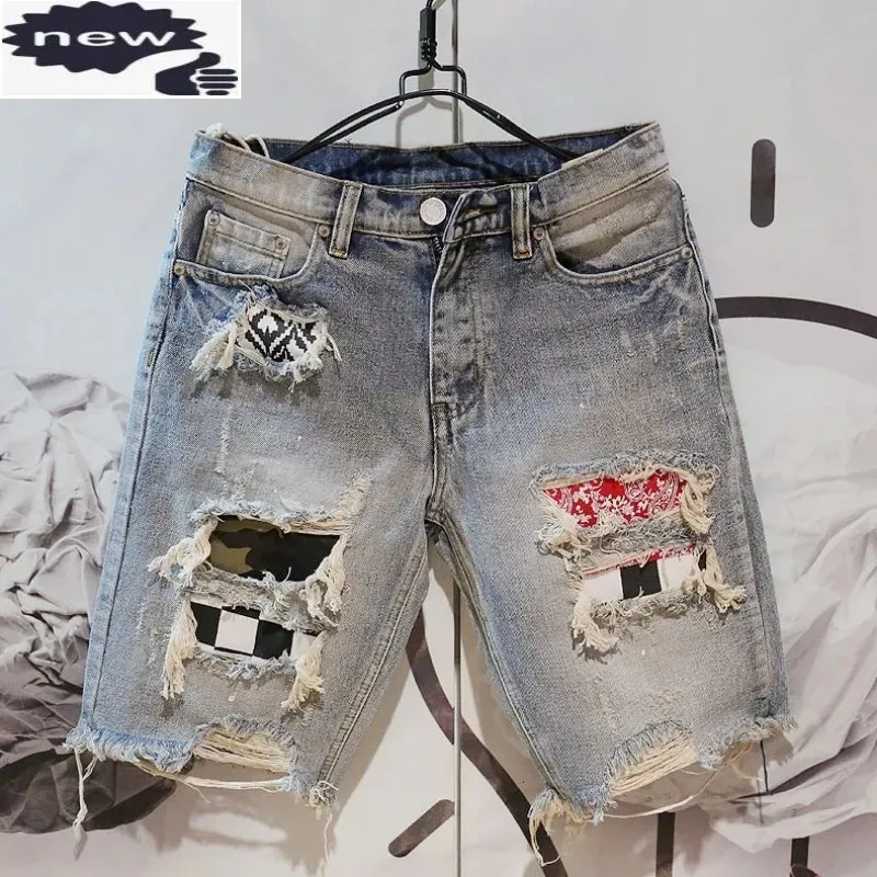 Summer Men Knee-Length Street Casual Hole Ripped Washed Denim Shorts Personality Zipper Straight Short Jeans 28-36 240327