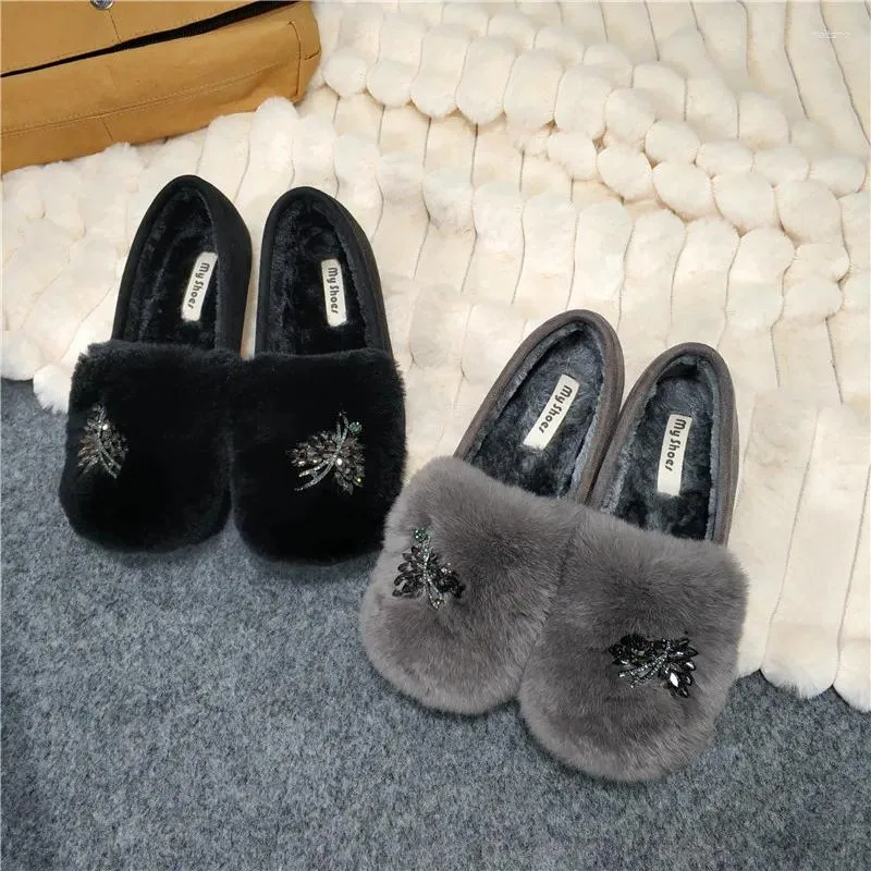 Повседневная обувь, шикарные туфли на плоской подошве с натуральным мехом и кристаллами, женские зимние хлопковые женские теплые плюшевые лоферы, морозостойкие меховые мокасины, большой размер 42
