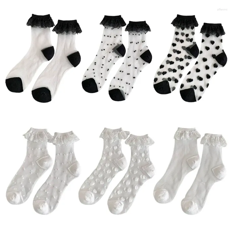 Calcetines de mujer lolitas japonesas encaje volantes princesa vestido tobillero cristal seda transparente calcetín