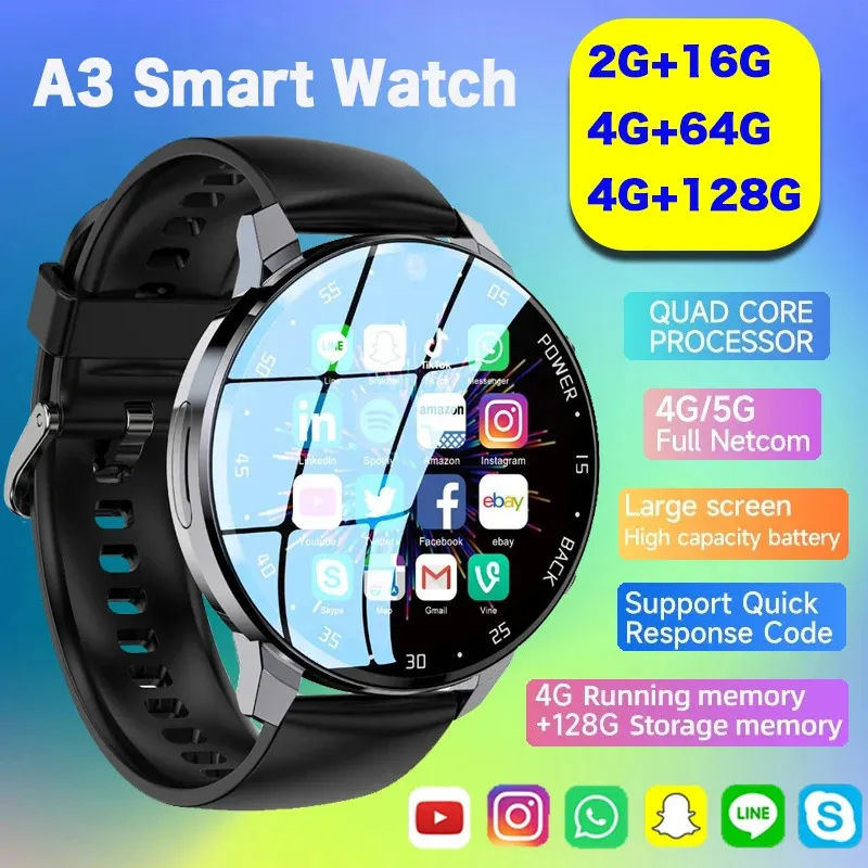 Global 4/5G NET A3 Android Smartwatch hommes 128G SIM appel double caméra HD plein écran tactile fréquence cardiaque étanche montre intelligente 240327