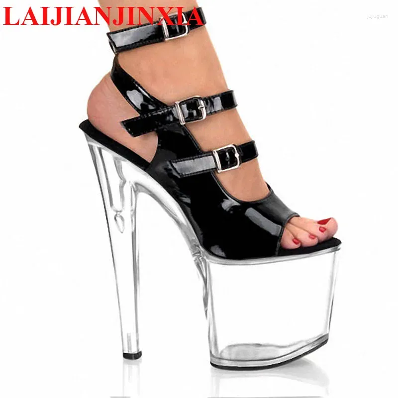 Dress Shoes LAIJIANJINXIA 8 Inch Heel Clear High Platform Ankle Strap 20cm Stripper Open Toe Black Crystal Women's Sandals