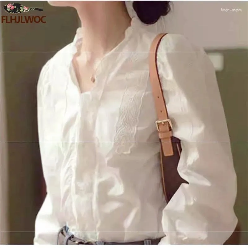 Kvinnors blusar puff hylsa chic korea toppar blusa kvinnor 2024 design casual office lady cute retro vintage ruffles spets vita skjortor