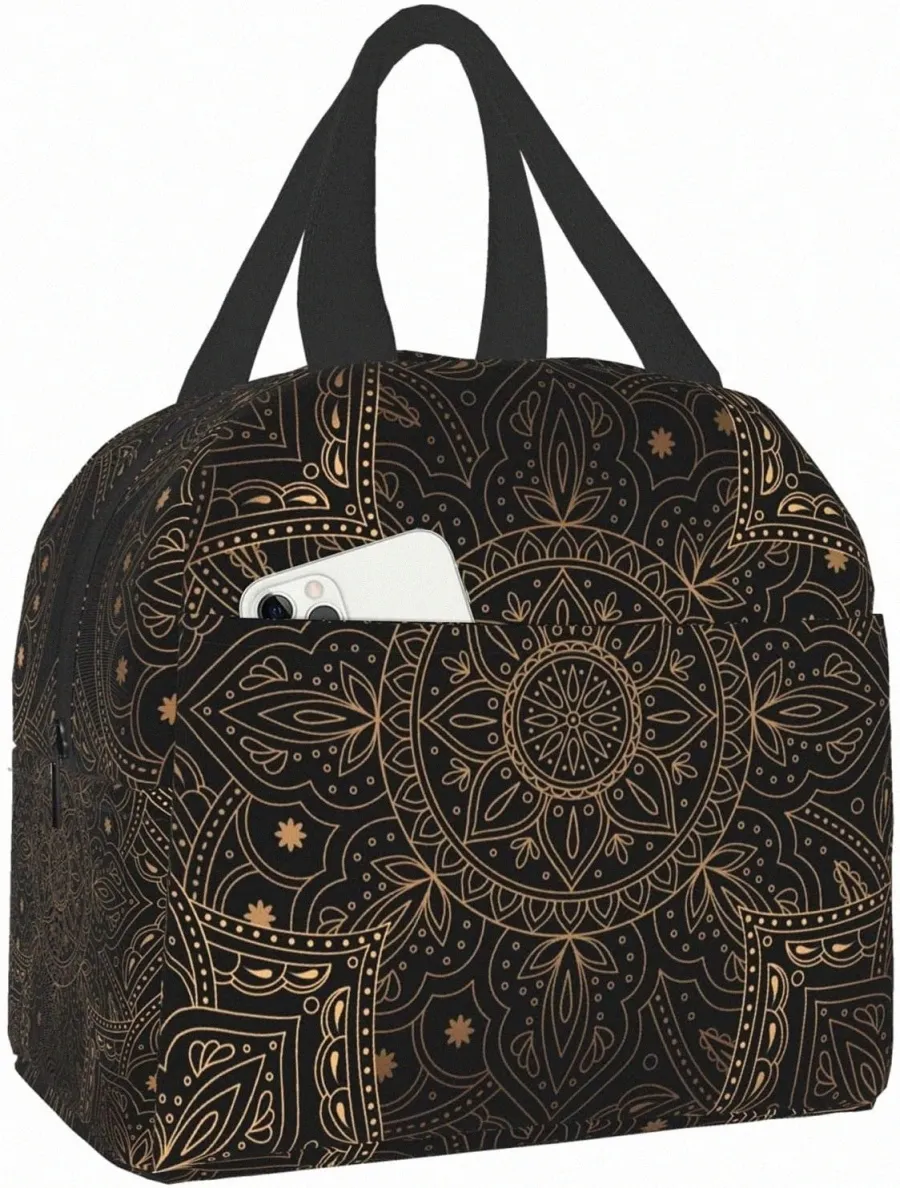 Torba na lunch dla kobiet luksusowy orientalna mandala królewska retro kwiat czarny antyczne izolowane przez izolowanie pudełka na lunch TOTE for Work School C2KV#