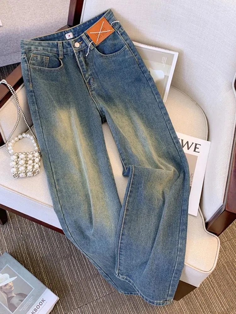 Jeans pour femmes Oiinaa Blue Baggy Femmes Taille haute Taille large Streetwear Poches épissées Pantalon droit coréen