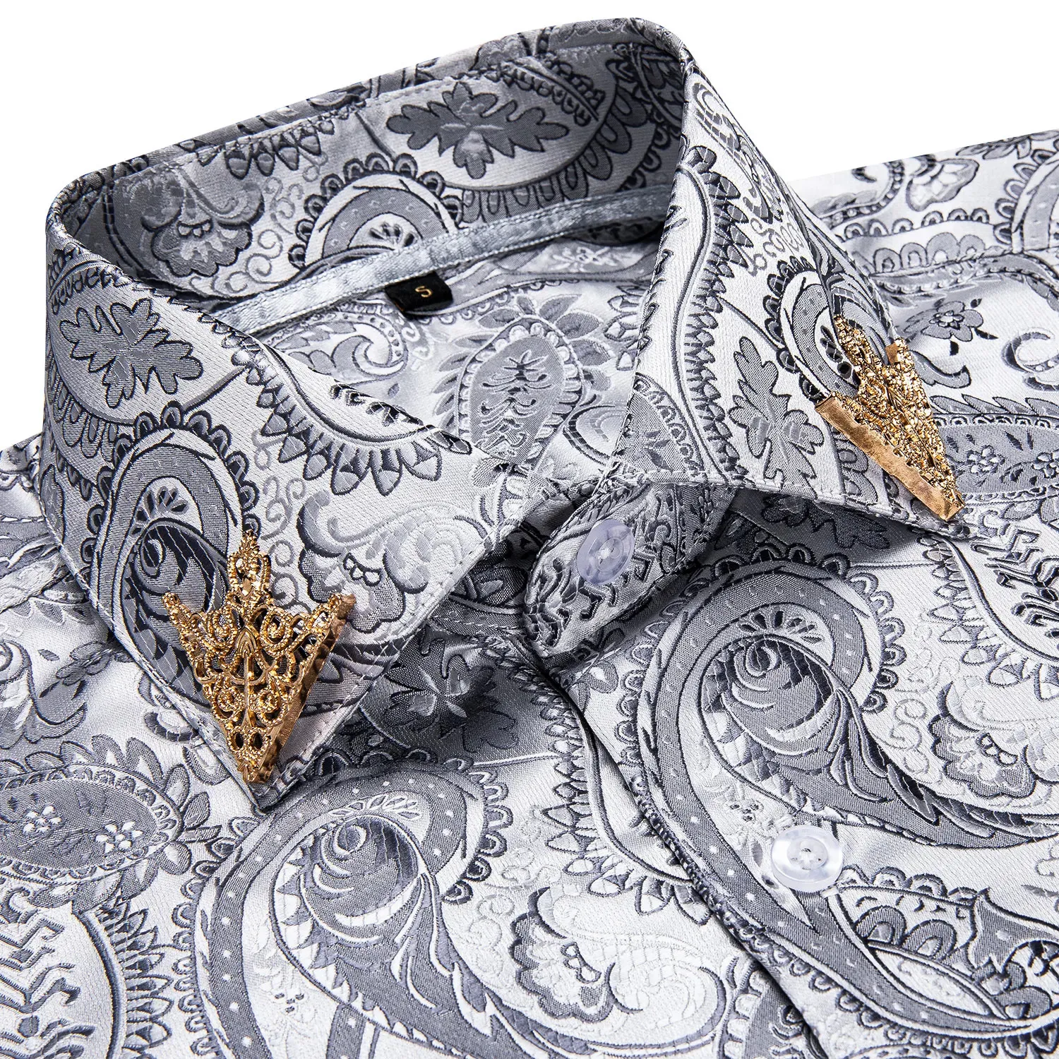 Fashion Paisley Floral Men Shirt Silver White Business Casual Long Sleeve Social Collar Shirts Brand Male Button Bluses 240325