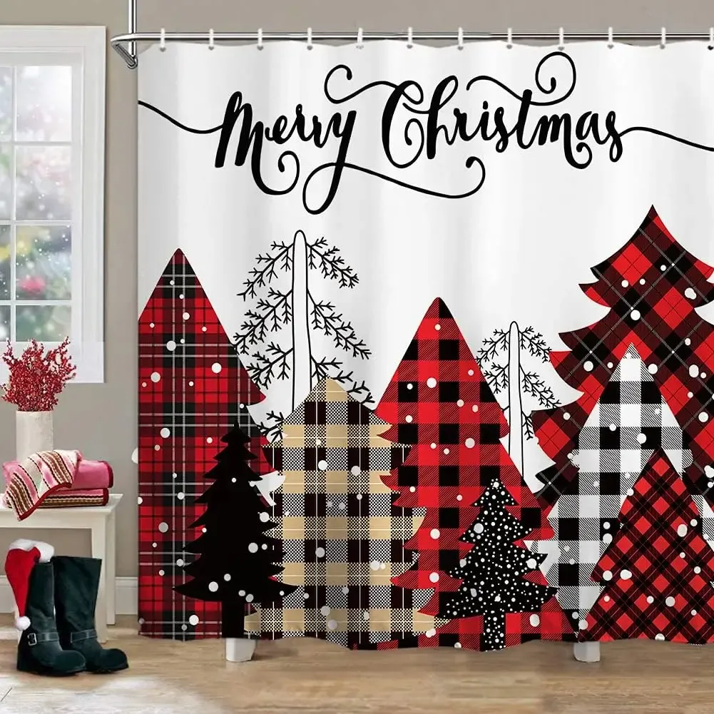 Merry Christmas Shower Curtain - Reindeer Snowflake Buffalo Plaid Design, Waterproof, 72x72 Inches With Hooks - View #5