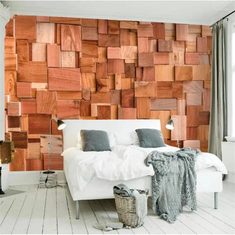 Wallpapers Wellyu Papel Parede Custom Wallpaper Vintage Wooden Block Bricks Geometric Three-dimensional Background Wall Papier Peint