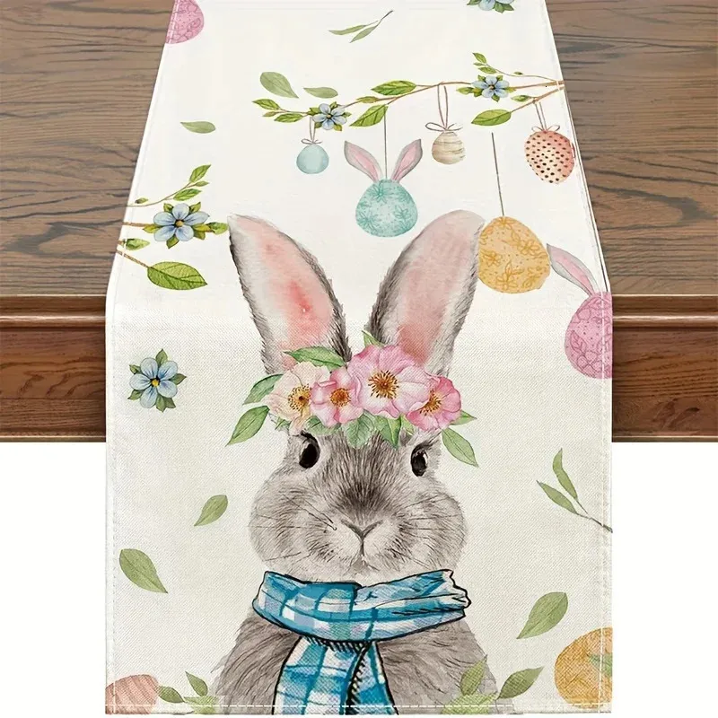 Easter Bunny Colorful Egg Linen Tabler Runners Dresser Scarves Decor Farmhouse Kitchen Dining Runner Party Decoration 240325