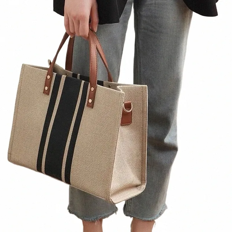 women's Busin Bag Tote Stripe Bag Handheld Summer High Capacity Canvas Lage Outer Crossbody Mager Bag Casual Handbag e3aE#