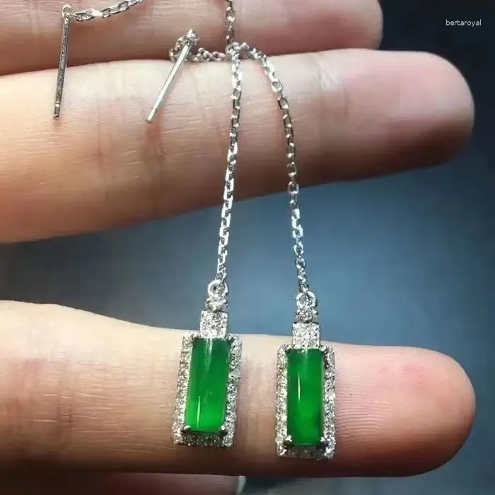 Dangle Earrings Natural Full Green Chalcedony Columns Hanging S925 Sterling Silver Inlaid Simple Exquisite Versatile Ear String