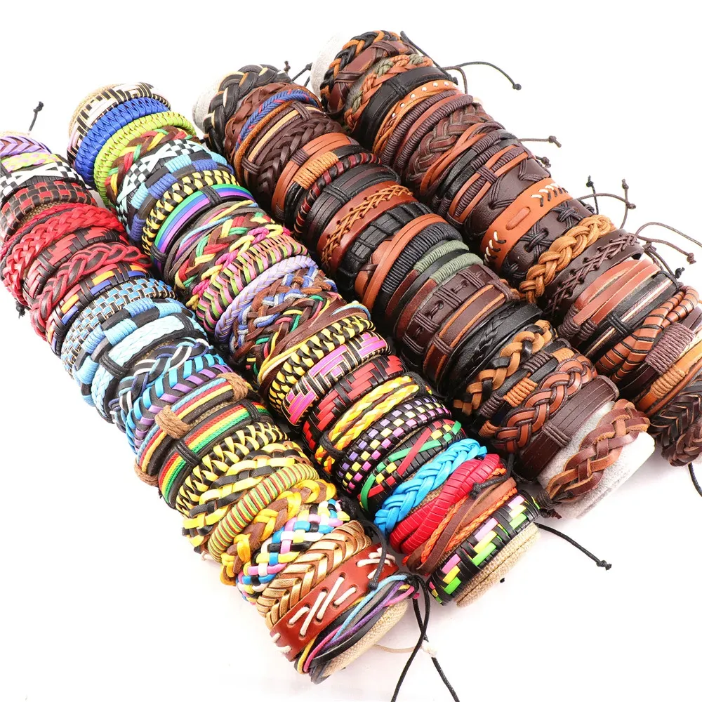 Bracelets En Gros 30/50pcs Hommes Vintage Bracelet En Cuir Bracelets Manchette Bijoux Cadeau Fête Bracelets Pour Femme