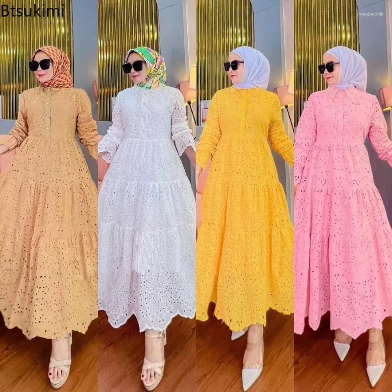 Etniska kläder jalabiya kvinnor eid muslimska klänningar abaya mode broderade ihåliga ut spetsar långärmad festklänning robe vestidos elegant