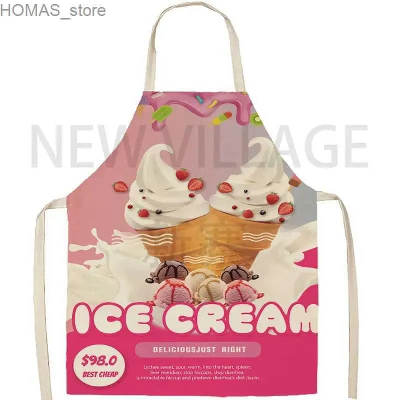 Förkläden Fashion Ice Cream Series Apron Cold Drink Restaurant Fruit Mönster Förkläde unisex Förkläd Kök rengöring och anti -fouling Förkläde Y240401