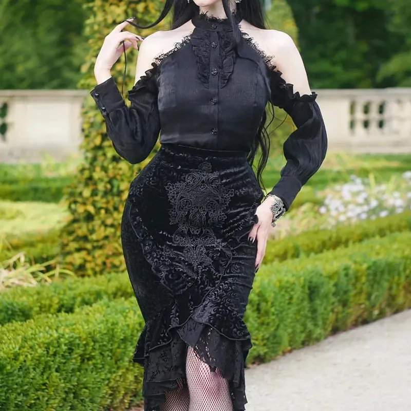 Ro Rox Kathleen Gothic Mermaid Skirt - Brocade Lace-Up Maxi Skirt With Ruffle Hem