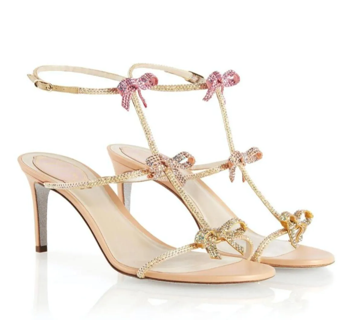Material av högsta kvalitet Rene Jeweled Sandals Shoes Caterina Caovilla Kvinnor Pumpar Bow Crystal Pumps Glitter Soles Lady High Heel8796767