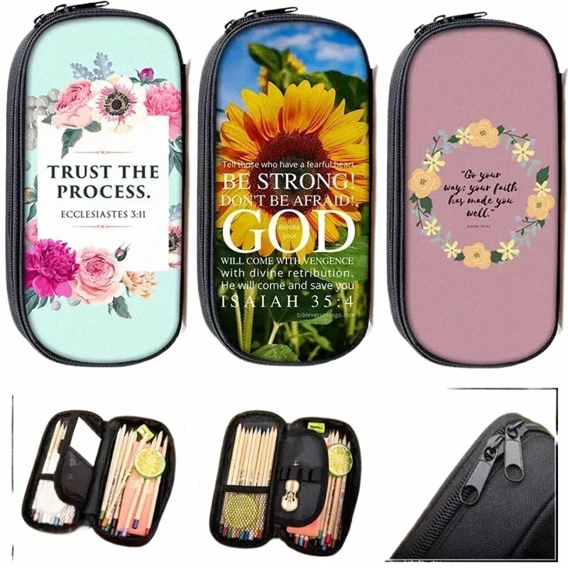 Christian Bible Verse Stampa Borse per matite Dio ti sosterrà Ragazza Casual Floral Pencil Box Materiale scolastico Borsa stazionaria k0A9 #