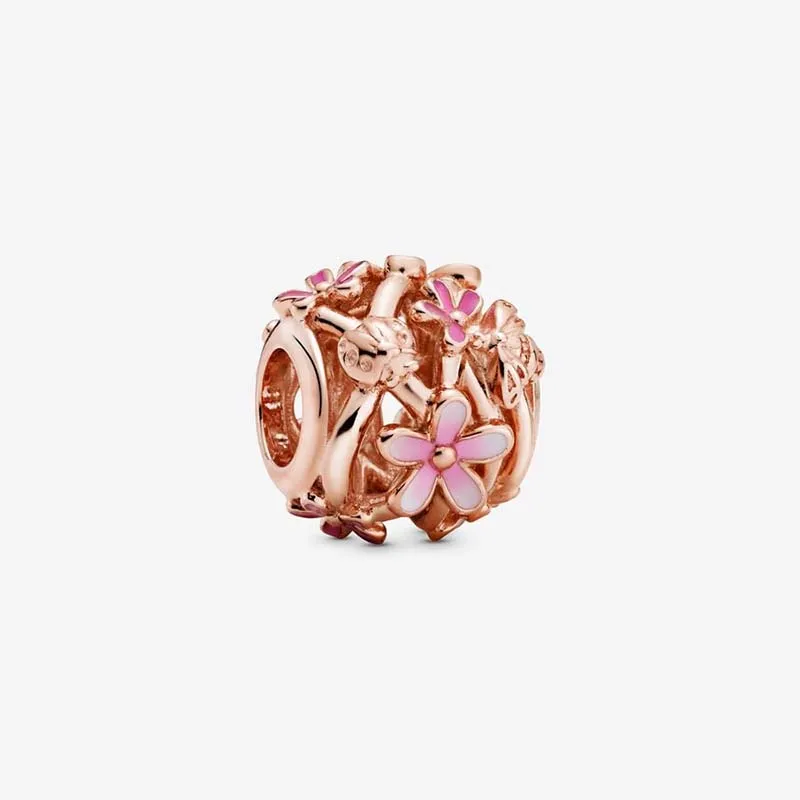 Openwork rosa margarida flor charme pandoras 925 prata esterlina luxo charme conjunto pulseira fazendo rosa ouro frisado encantos designer colar pingente caixa original