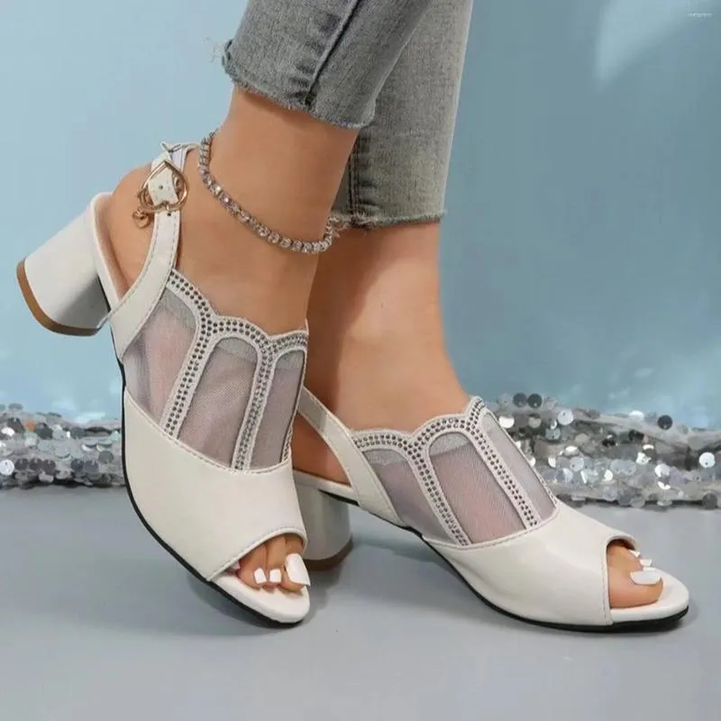Sandali eleganti scarpe femminili tacco grosso estivo bocca di pesce scavato per le donne pizzo cinturino con fibbia con una sola parola Zapatos