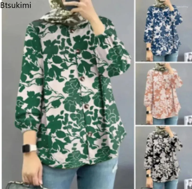 Blusas femininas moda muçulmana feminina vintage impresso camisa manga longa o-pescoço blusa casual solto férias topos roupas islâmicas