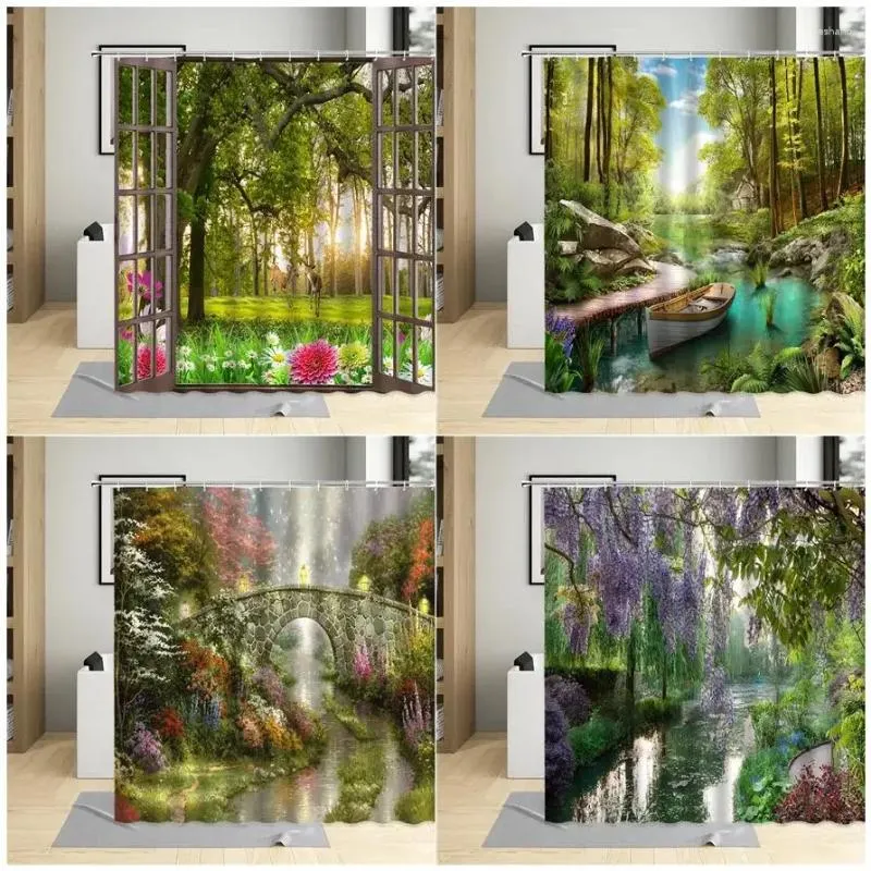 Duschgardiner vårlandskapsskogsblommor på landsbygden naturligt landskap vattentätt tyg badrum dekor krokar badkar gardin set
